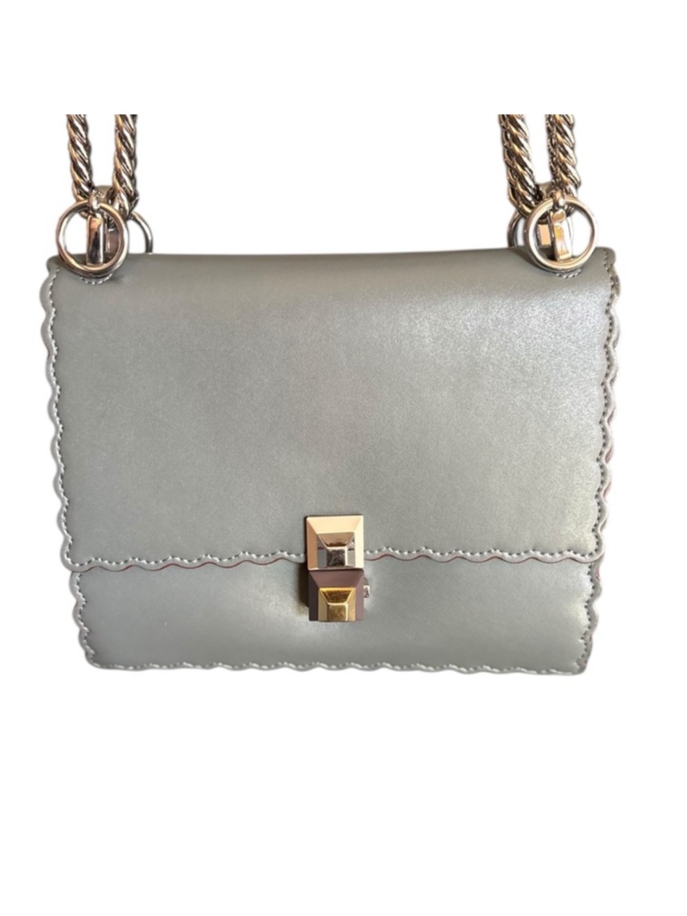 Fendi Kan I Medium Leather Shoulder Bag- Pearl Grey with Scalloped Edges EUC
